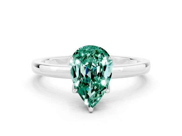 Platinum Pear Cut Green Sapphire Solitaire Ring with Thin Band and Prong Setting