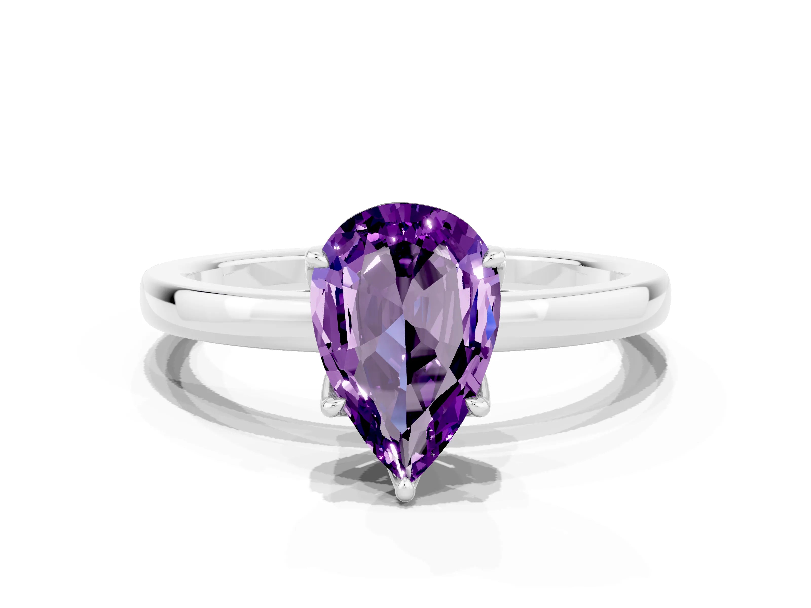 White gold Pear Cut Solitaire Diamond Ring with Thin Band and Four-Prong Setting