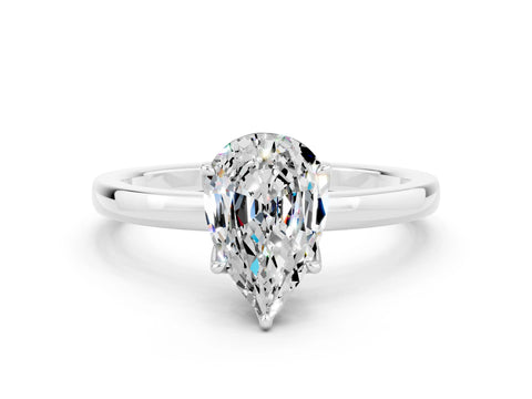 White gold Pear Cut Solitaire Diamond Ring with Thin Band and Four-Prong Setting