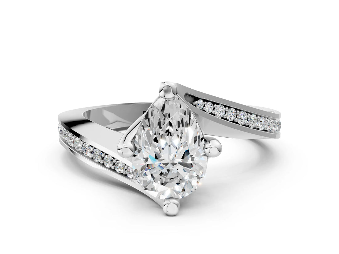White gold Pear Cut Solitaire Diamond Twist Band with Pavé Setting and Four-Prong Setting_7
