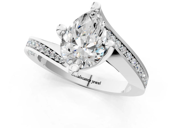White Gold Pear-Shaped Bypass Solitaire Engagement Ring Setting with Swirl Pave Band