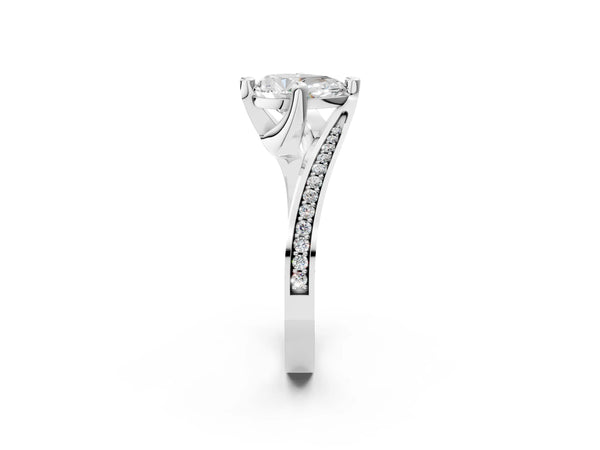 White Gold Pear-Shaped Bypass Solitaire Engagement Ring Setting with Swirl Pave Band