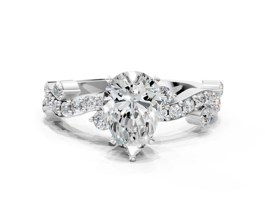 White gold Pear Cut Solitaire Diamond Twisted Band with Pave Setting_63