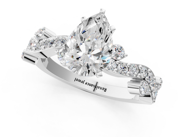 White gold Pear Cut Solitaire Diamond Twisted Band with Pave Setting