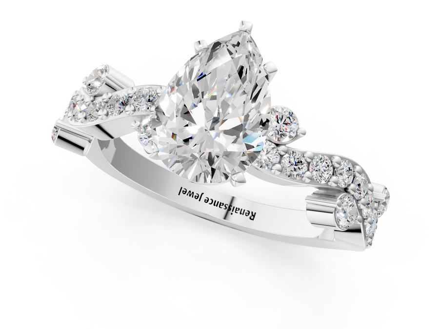 White gold Pear Cut Solitaire Diamond Twisted Band with Pave Setting