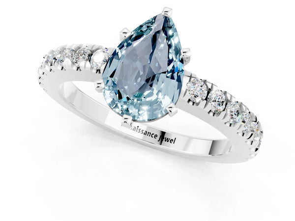Platinum Pear Cut Solitaire Aquamarine with Pavé Band and Four-Prong Setting