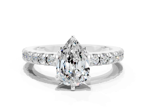 Platinum Pear Cut Solitaire Moissanite with Pavé Band and Four-Prong Setting