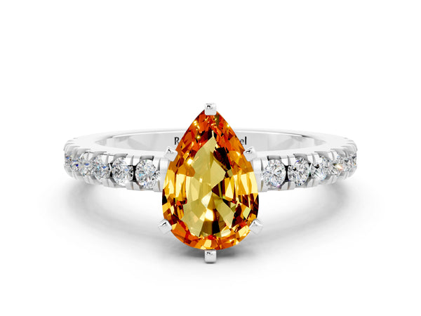Silver Pear Cut Solitaire Citrine with Pavé Band and Four-Prong Setting