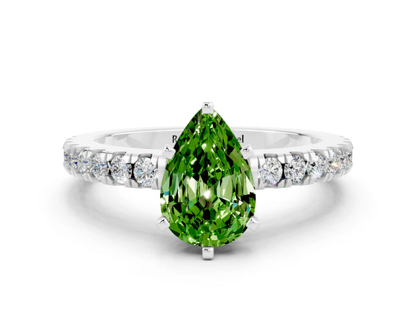 Platinum Pear Cut Solitaire Peridot with Pavé Band and Four-Prong Setting