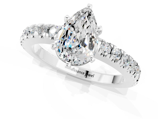 Platinum Pear Cut Solitaire Moissanite with Pavé Band and Four-Prong Setting