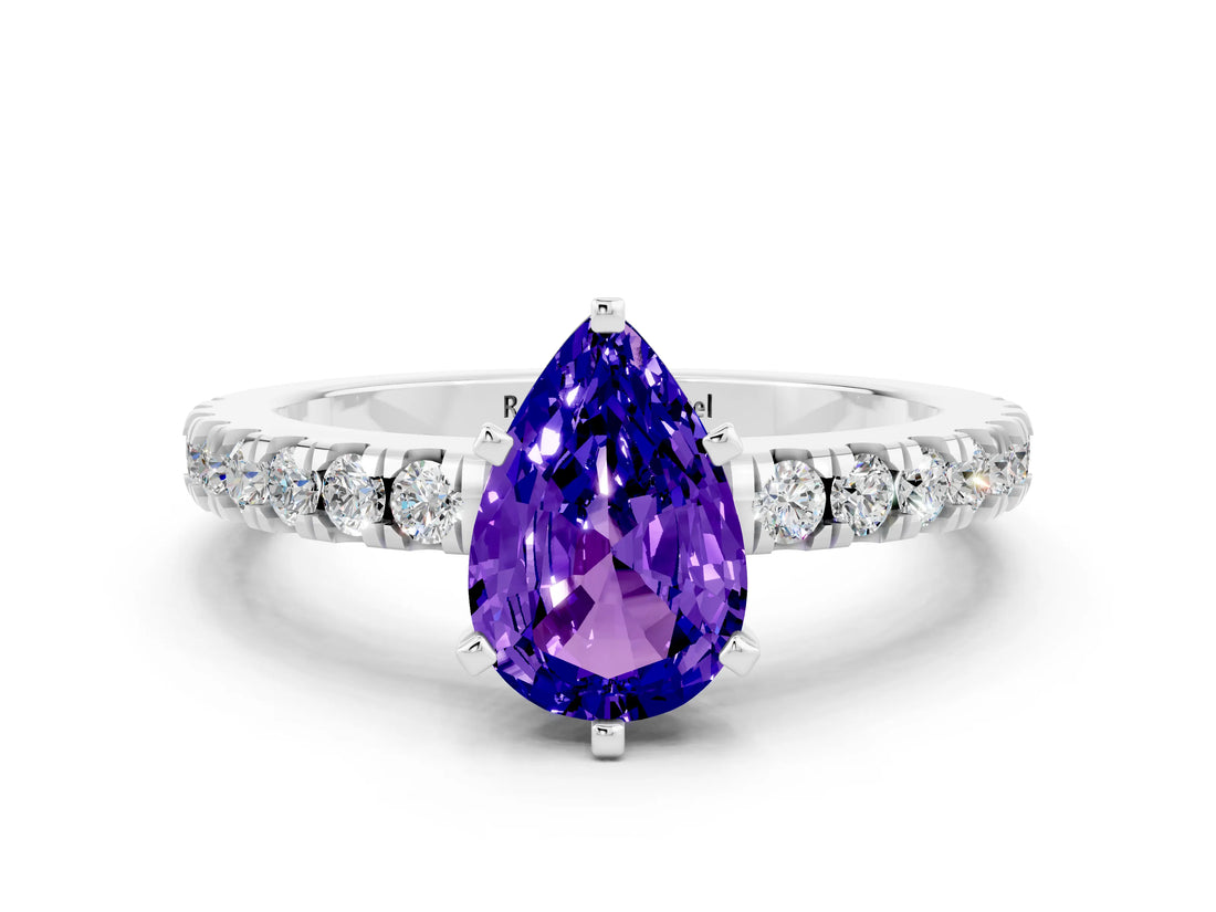 White gold Pear Cut Solitaire Diamond with Pavé Band and Four-Prong Setting_12