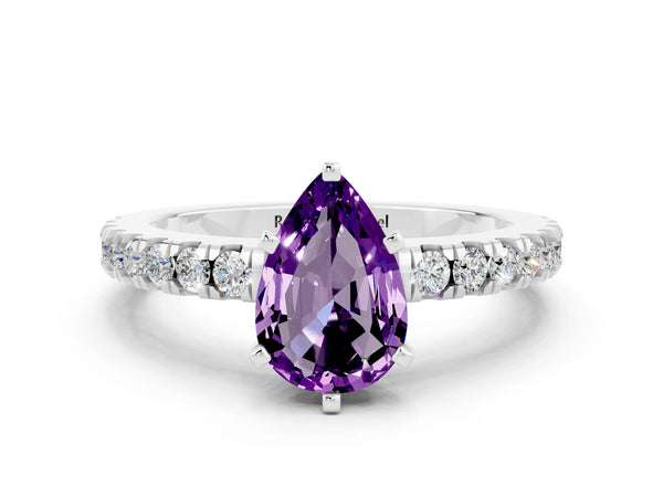 Silver Pear Cut Solitaire Amethyst with Pavé Band and Four-Prong Setting
