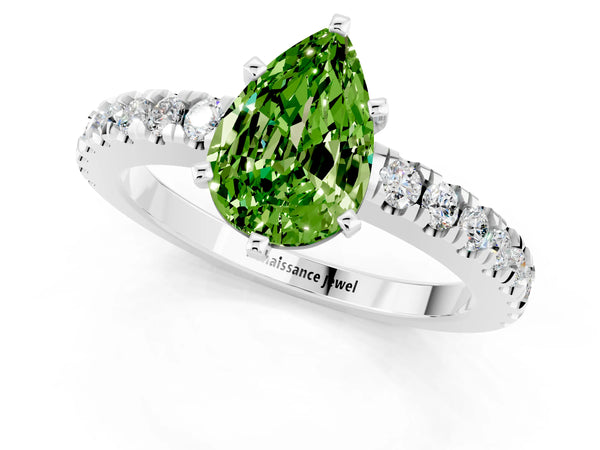 Platinum Pear Cut Solitaire Peridot with Pavé Band and Four-Prong Setting