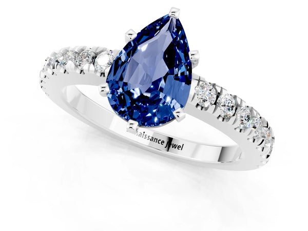 Silver Pear Cut Solitaire Blue Sapphire with Pavé Band and Four-Prong Setting