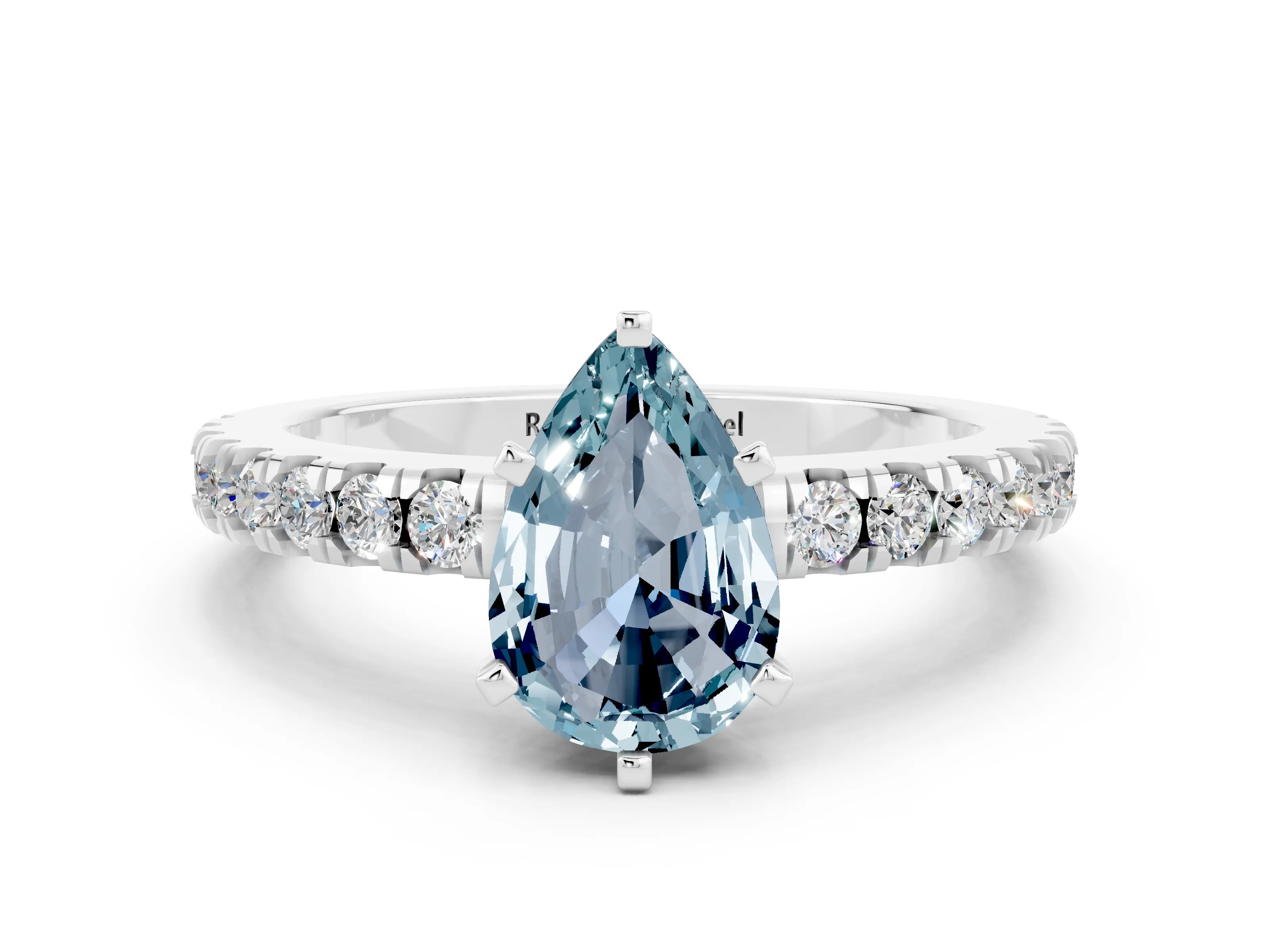 White gold Pear Cut Solitaire Diamond with Pavé Band and Four-Prong Setting