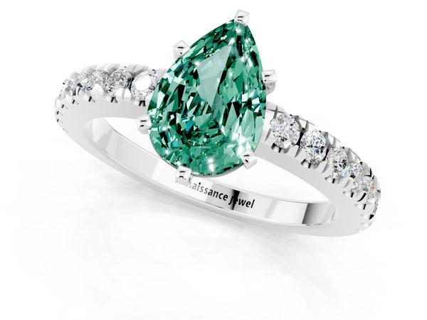 Silver Pear Cut Solitaire Green Sapphire with Pavé Band and Four-Prong Setting