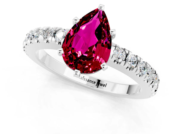 White gold Pear Cut Solitaire Garnet with Pavé Band and Four-Prong Setting