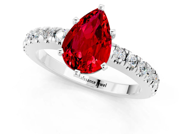 Platinum Pear Cut Solitaire Ruby with Pavé Band and Four-Prong Setting