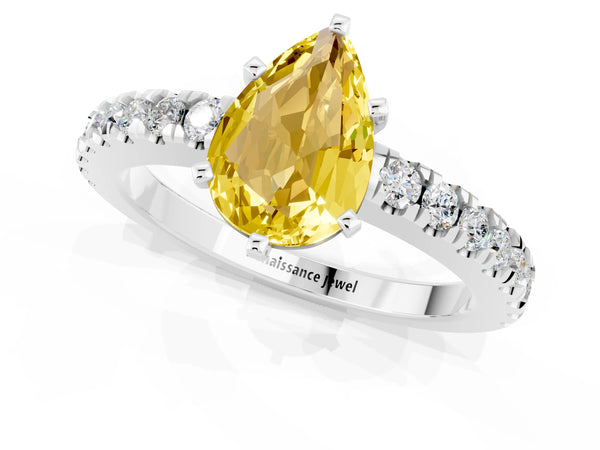 Silver Pear Cut Solitaire Yellow Sapphire with Pavé Band and Four-Prong Setting