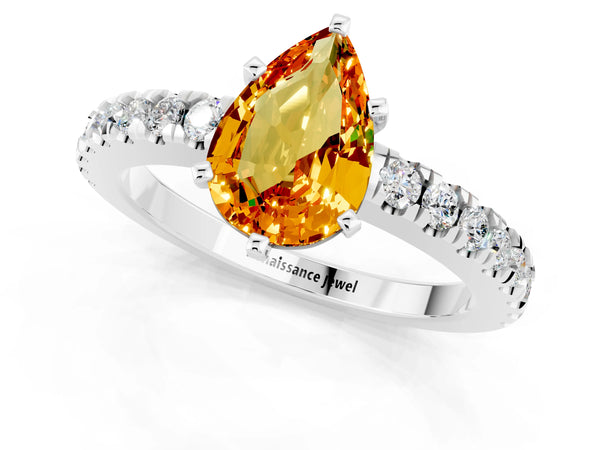 Silver Pear Cut Solitaire Citrine with Pavé Band and Four-Prong Setting