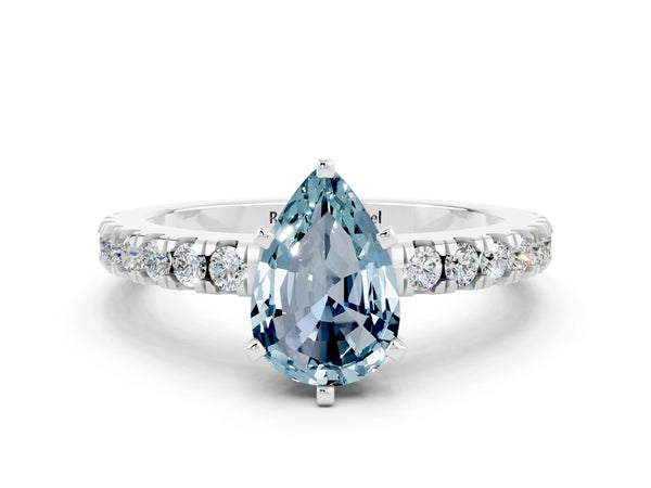 Silver Pear Cut Solitaire Aquamarine with Pavé Band and Four-Prong Setting