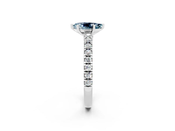 Platinum Pear Cut Solitaire Aquamarine with Pavé Band and Four-Prong Setting