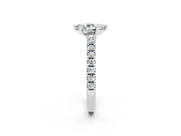 Silver Pear Cut Solitaire Moissanite with Pavé Band and Four-Prong Setting