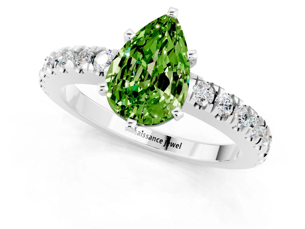 Platinum Pear Cut Solitaire Peridot with Pavé Band and Four-Prong Setting