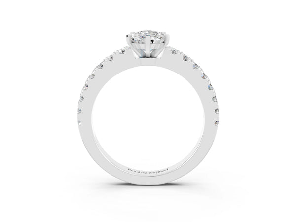Silver Pear Cut Solitaire Moissanite with Pavé Band and Four-Prong Setting