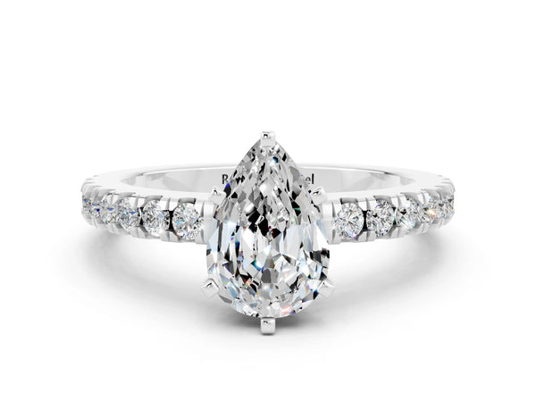 Platinum Pear Cut Solitaire Moissanite with Pavé Band and Four-Prong Setting