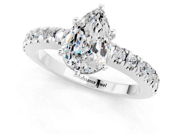 Platinum Pear Cut Solitaire Moissanite with Pavé Band and Four-Prong Setting
