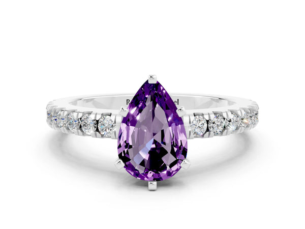 Silver Pear Cut Solitaire Amethyst with Pavé Band and Four-Prong Setting