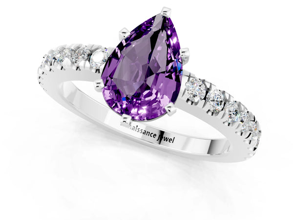 Platinum Pear Cut Solitaire Amethyst with Pavé Band and Four-Prong Setting