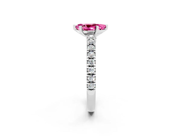 Platinum Pear Cut Solitaire Pink Sapphire with Pavé Band and Four-Prong Setting