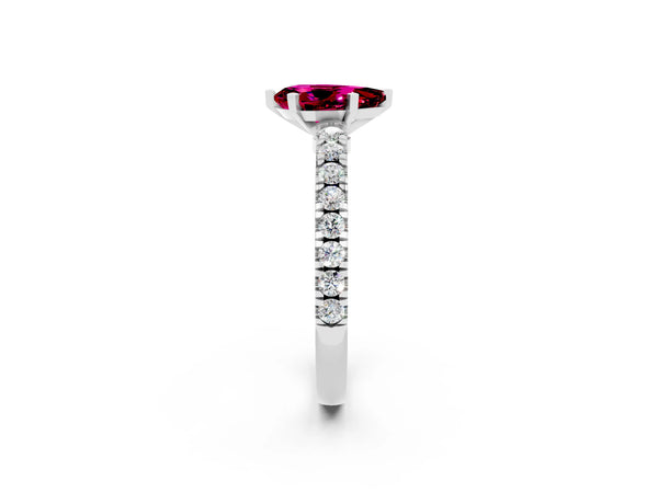 White gold Pear Cut Solitaire Garnet with Pavé Band and Four-Prong Setting