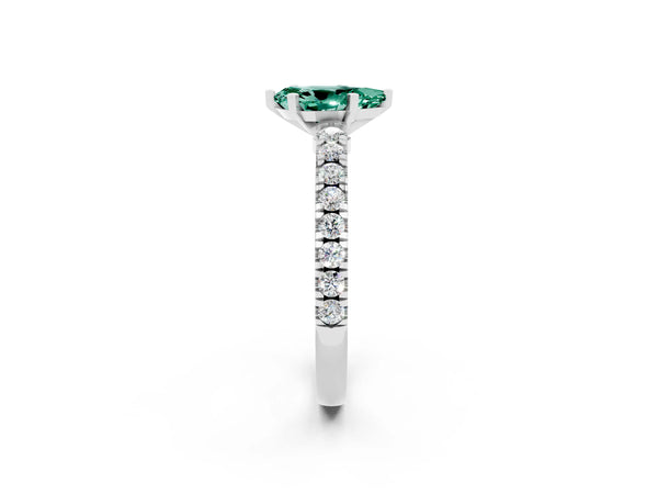 White gold Pear Cut Solitaire Green Sapphire with Pavé Band and Four-Prong Setting