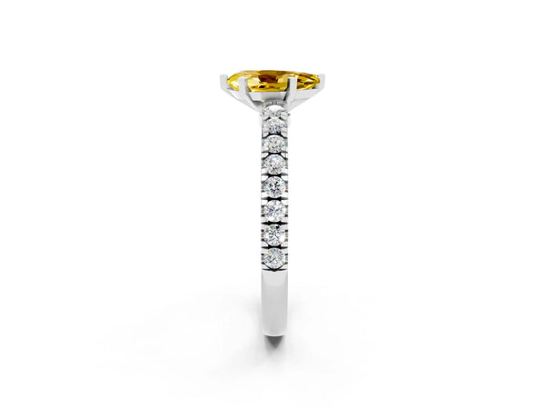 Silver Pear Cut Solitaire Yellow Sapphire with Pavé Band and Four-Prong Setting