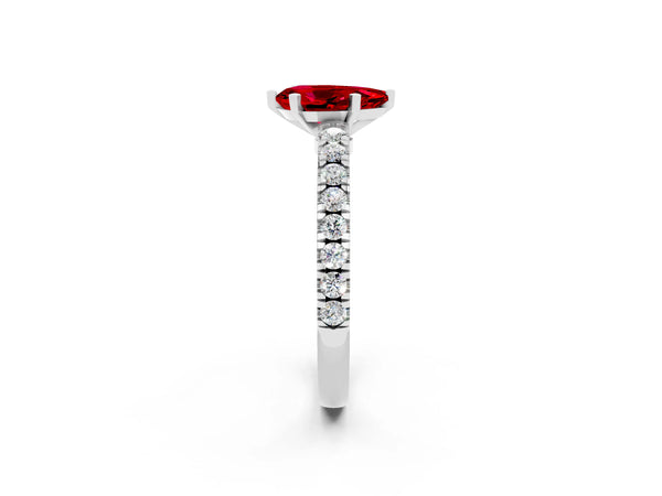 Platinum Pear Cut Solitaire Ruby with Pavé Band and Four-Prong Setting
