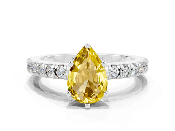 White gold Pear Cut Solitaire Yellow Sapphire with Pavé Band and Four-Prong Setting