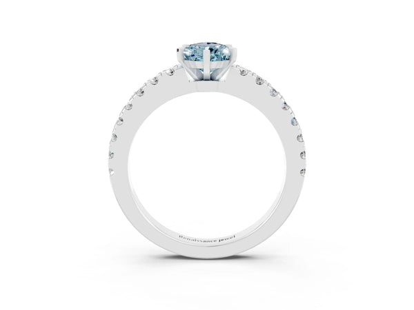 Platinum Pear Cut Solitaire Aquamarine with Pavé Band and Four-Prong Setting