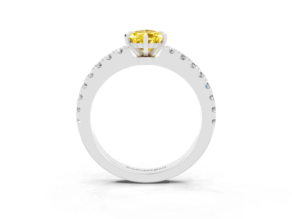 Silver Pear Cut Solitaire Yellow Sapphire with Pavé Band and Four-Prong Setting
