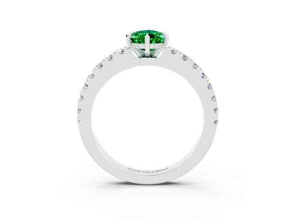 White gold Pear Cut Solitaire Emerald with Pavé Band and Four-Prong Setting
