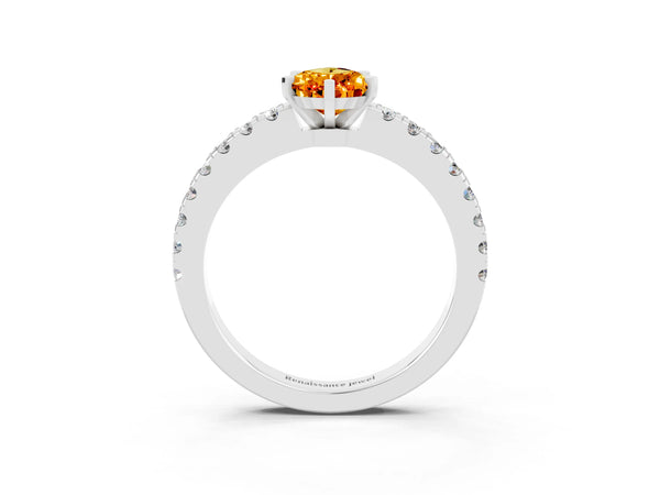 Platinum Pear Cut Solitaire Citrine with Pavé Band and Four-Prong Setting