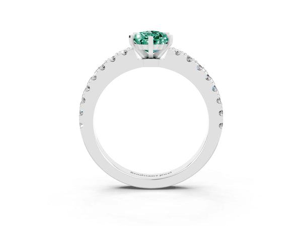 Silver Pear Cut Solitaire Green Sapphire with Pavé Band and Four-Prong Setting