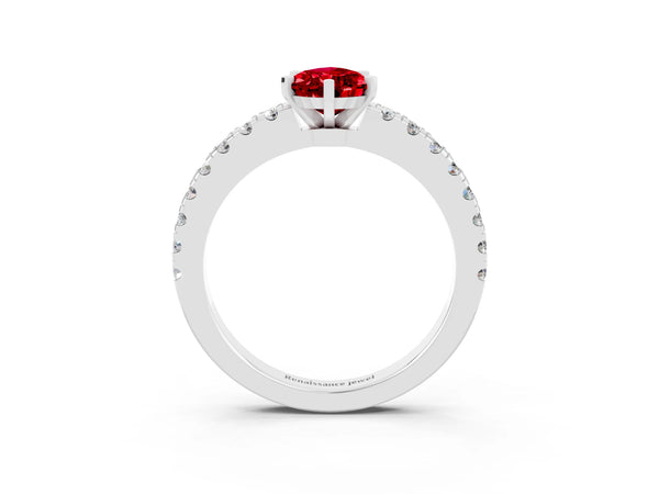 Platinum Pear Cut Solitaire Ruby with Pavé Band and Four-Prong Setting