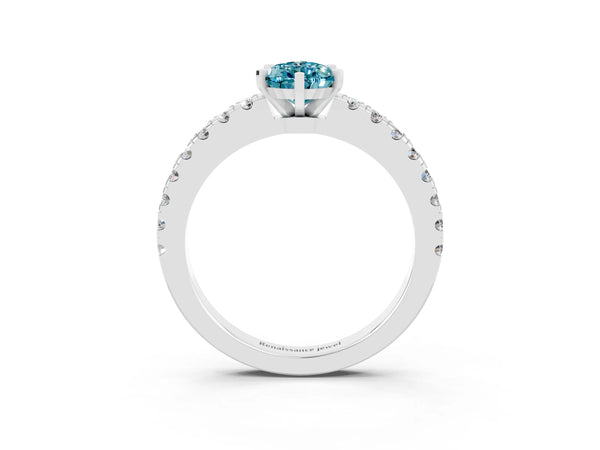 Platinum Pear Cut Solitaire Diamond with Pavé Band and Four-Prong Setting