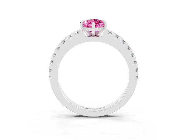 Platinum Pear Cut Solitaire Pink Sapphire with Pavé Band and Four-Prong Setting
