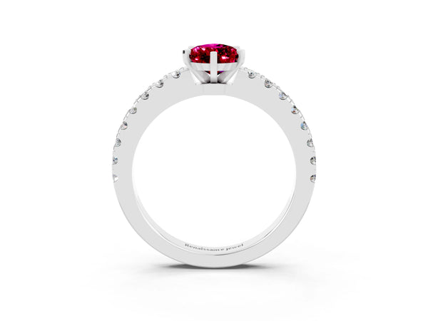 White gold Pear Cut Solitaire Garnet with Pavé Band and Four-Prong Setting