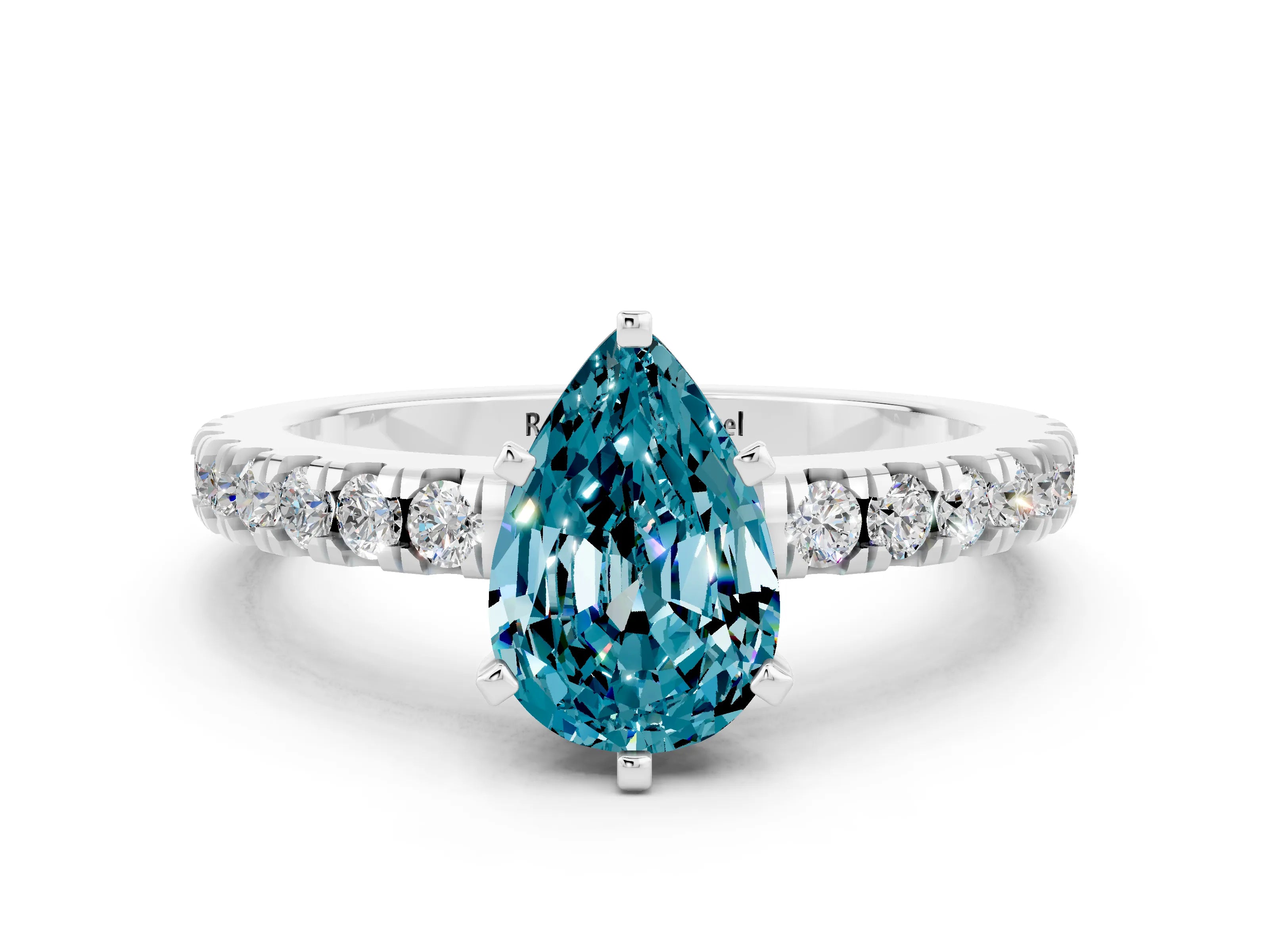 White gold Pear Cut Solitaire Diamond with Pavé Band and Four-Prong Setting