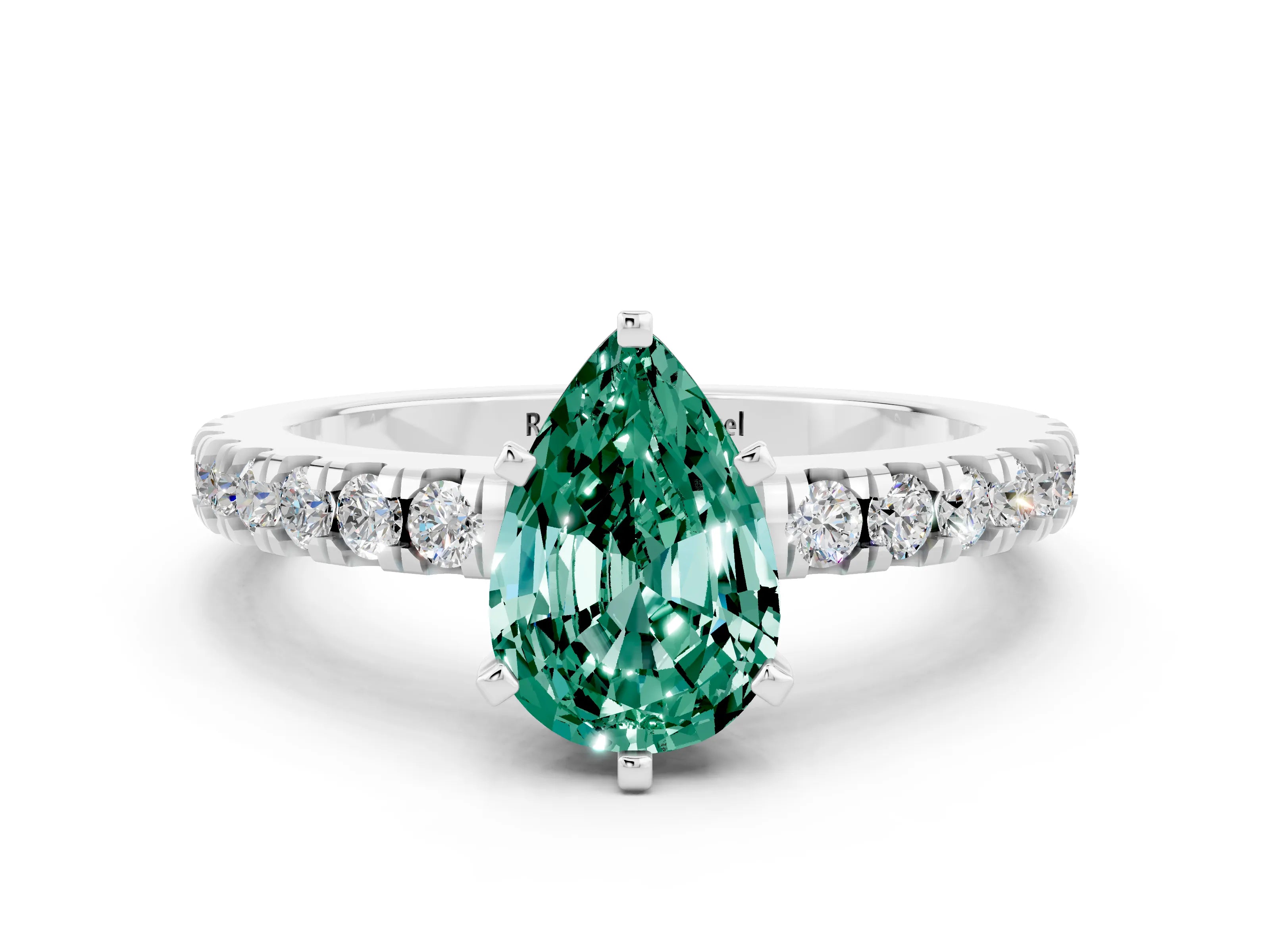 White gold Pear Cut Solitaire Diamond with Pavé Band and Four-Prong Setting